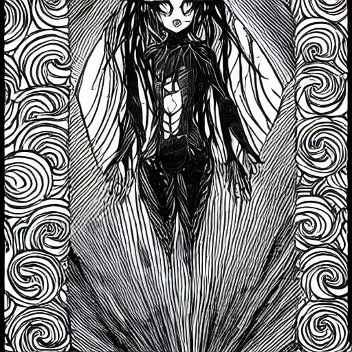 Prompt: intricate lineart drawing of a girl standing in the abyss, black ink, manga style, with evil eyes in the background, featured on pixiv, sharp lines, high resolution