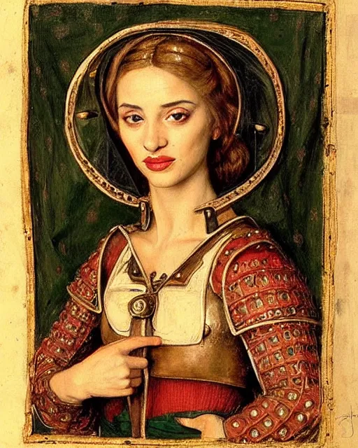 Image similar to medieval portrait of stunning ana de armas, dressed as an armored knight, perfect face, in the style of eugene de blaas