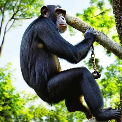 Image similar to chimpanzee, swinging on a tall tree, photo realistic, award winning, high detail, rule of thirds