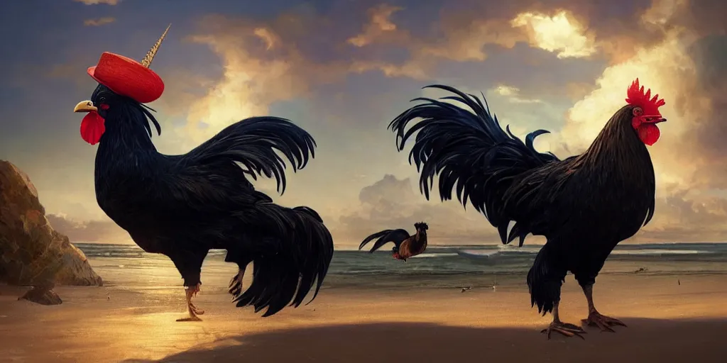 Prompt: fantasy render of a black rooster wearing a fedora, rooster is riding unicorn at the beach rainbow farting, by wlop, artgerm, greg rutkowski, alphonse mucha, beautiful dynamic dramatic sense of awe, lighting, shadows, cinematic atmosphere, artstation, concept design art, octane render, 8 k