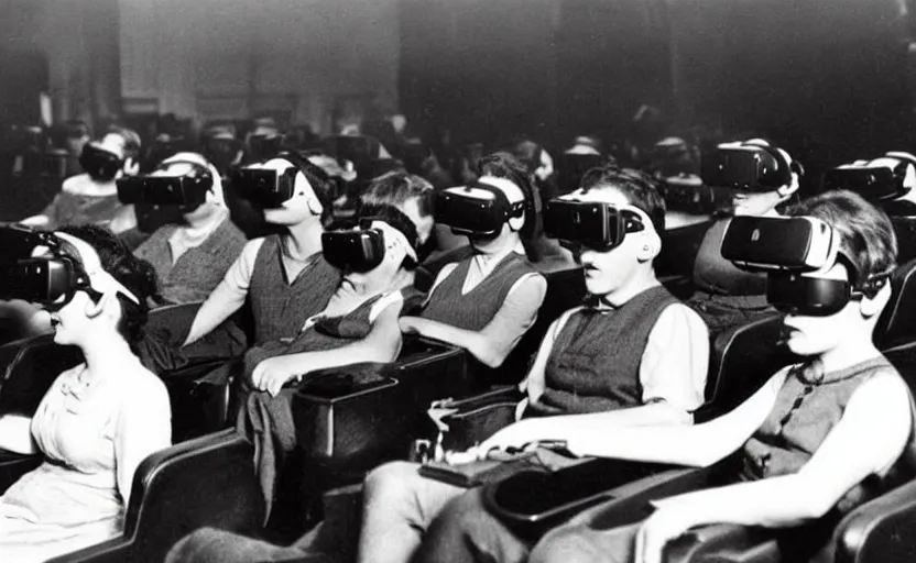 Image similar to 1 9 0 0 s photo of people wearing virtual reality headsets vr in a movie theater masterpiece old photograph