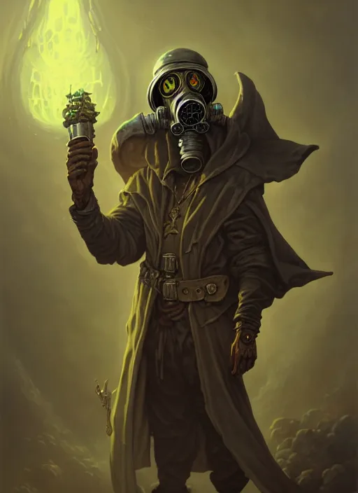 Prompt: old necromancer, wearing a wizard cloak, gas mask, by peter mohrbacher, hyper detailed, intricate, complex, 8 k, crisp,