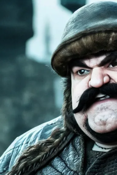 Image similar to very very intricate photorealistic photo of wario wearing his hat in an episode of game of thrones, photo is in focus with detailed atmospheric lighting, award - winning details