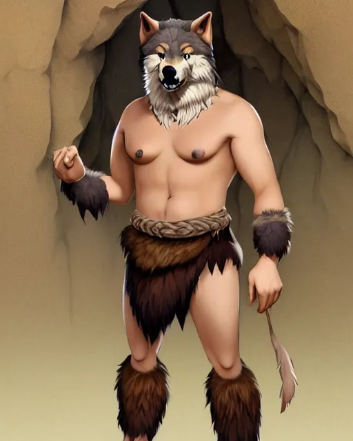 Image similar to burly tough character feature portrait of the anthro male anthropomorphic wolf fursona animal person wearing tribal primitive caveman loincloth outfit belt standing in the entrance to the cave, center framed character design stylized by charlie bowater, ross tran, artgerm, makoto shinkai, detailed, soft lighting, rendered in octane