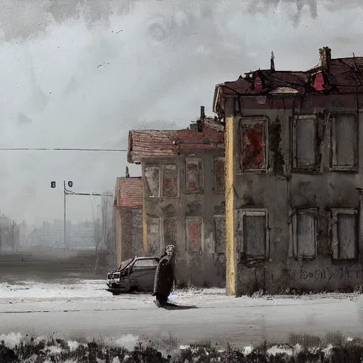 Image similar to painting of a abandoned post soviet town by jakub rozalski