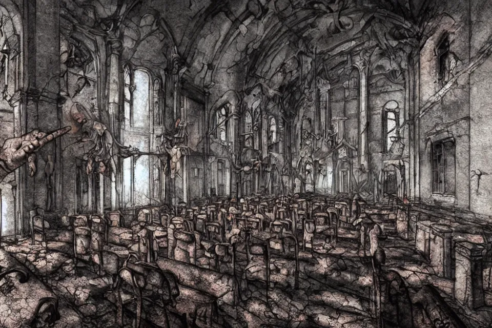 Prompt: Horrific Demonic Possession Of Elementary School Children and Priests and Nuns In A Dilapidated Burning Church In Rome, Junji Ito Kazuo Umezu Style, beautiful aesthetic, photorealistic, volumetric lighting, hyperrealistic, octane render, HDR, photorealistic