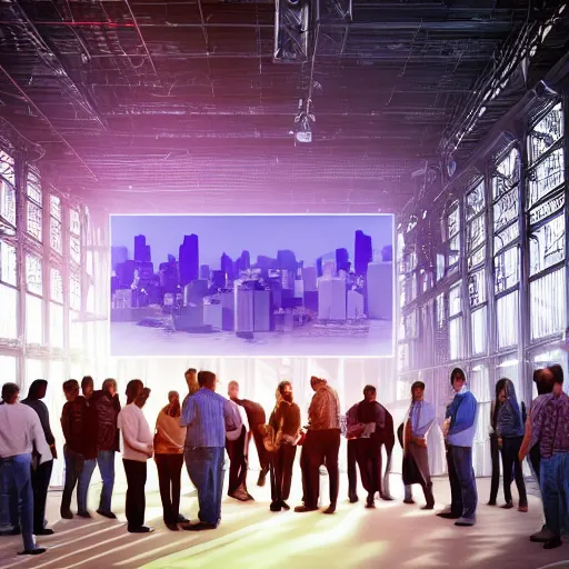 Image similar to crane shot of large group people in open warehouse, looking at hologram of futuristic city on a table, cinematic still, godrays, golden hour, natural sunlight, 4 k, clear details, tabletop model buildings, tabletop model, ethereal hologram center, crane shot, crane shot, gathering