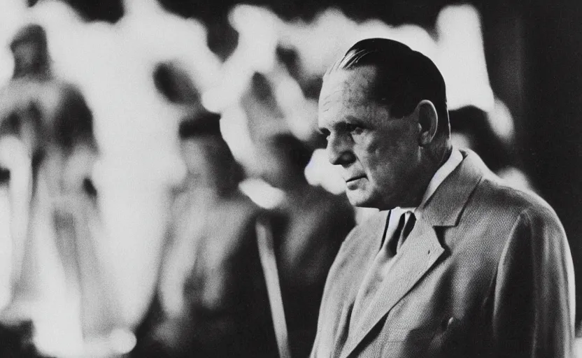 Prompt: 50s movie still close-up portrait of Josip Broz Tito standing in a ceremony, by Irving Penn , Cinestill 800t 35mm black and white, heavy grainy picture, very detailed, high quality, 4k, HD criterion, precise texture, with the prime minister standing in a ceremony