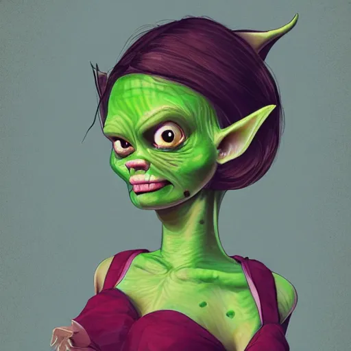 Prompt: Very detailed illustration of a beautiful goblin girl, green skin, big beautiful ears, digital concept art