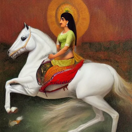 Image similar to a painting of a woman riding a white horse, an oil on canvas painting by raja ravi varma, featured on deviantart, qajar art, detailed painting, oil on canvas, acrylic art