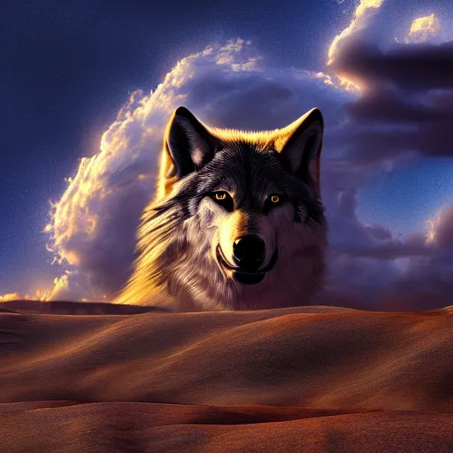 Prompt: of beksinki sky and fantasy desert on the theme and shape of a wolves head epic cinematic lighting ultra detailed 8 k hi res