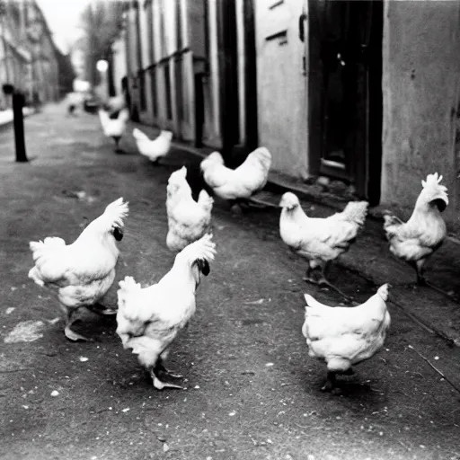 Prompt: A gang of chickens wearing bandanas, eye-catching , dramatic, photographed by Henri Cartier-Bresson on a Leica camera