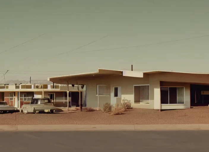 Image similar to a midcentury modern motel in tuscon arizona in the year 1 9 6 7