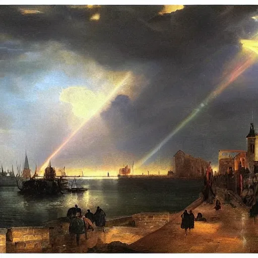 Prompt: oil painting of medieval harbour, storm clouds, sunrays, very very very very very beautiful bright art, american romanticism by goya, medieval castle, burning fires, colorful masterpiece, realistic and detailed