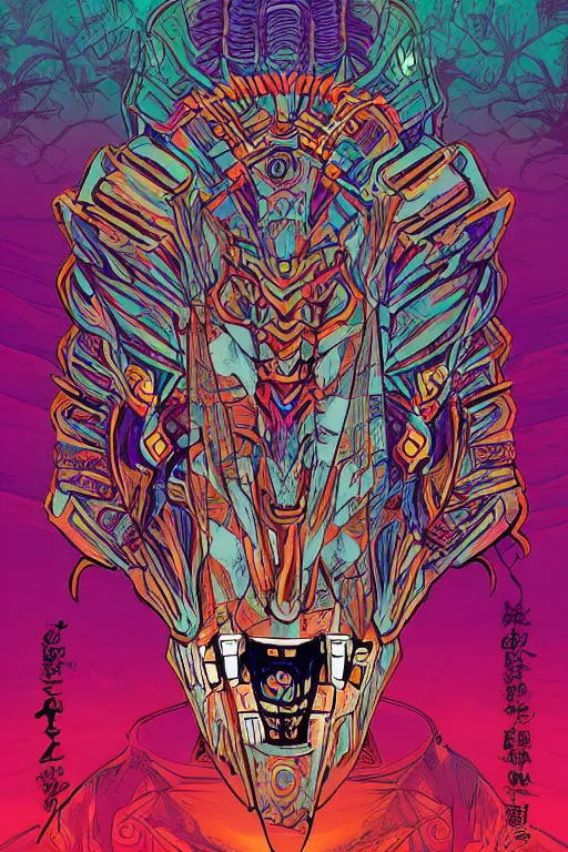 Image similar to totem animal tribal chaman vodoo mask feather gemstone plant video game illustration vivid color borderlands and by feng zhu and laurie greasley, victo ngai, andreas rocha, john harris radiating a glowing aura