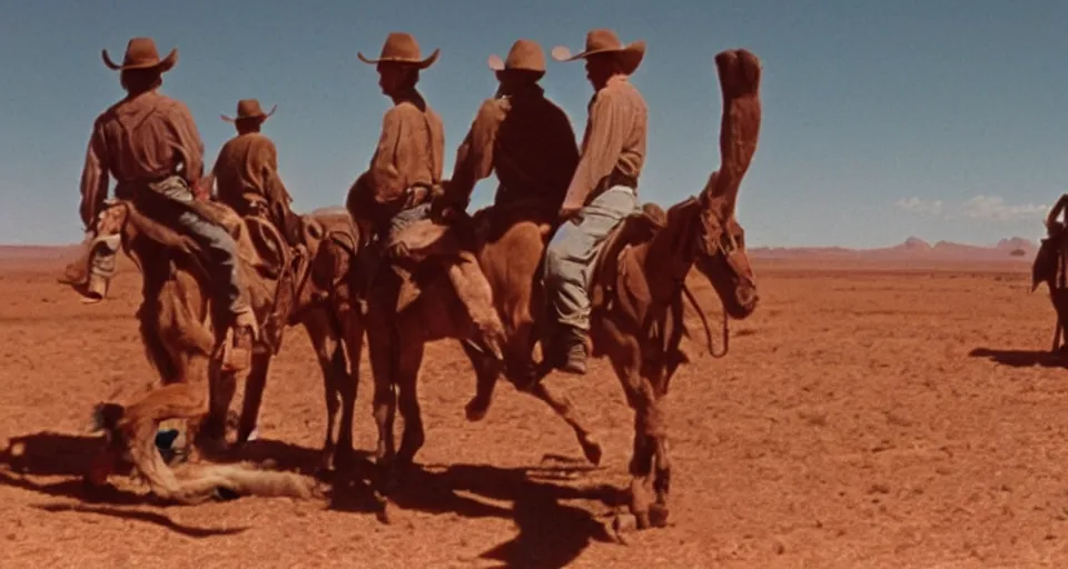 Image similar to film still showing cowboys looking at a gigantic abstract sculpture in the desert directed by Sergio Leone, western, monument valley, cinemascope, technicolor