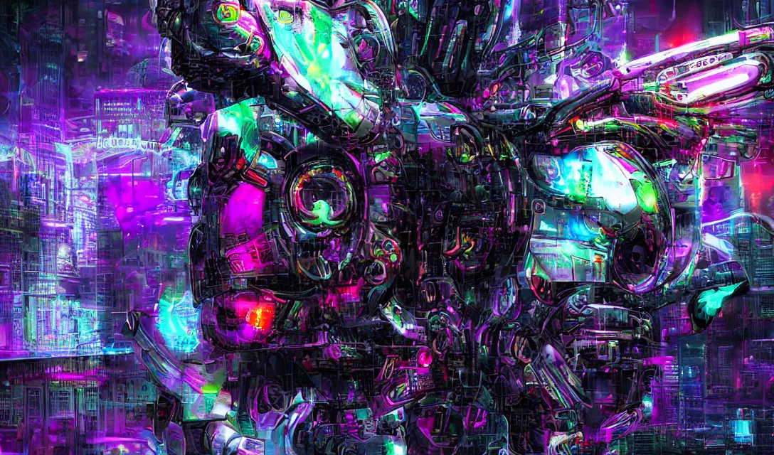 Image similar to complex cyberpunk machine background merged with evil cybernetic goat head in center focus, multicolored digital art