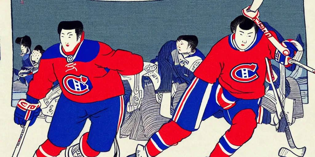 Image similar to habs hockey player suzuki breakaway ukiyo - e style,