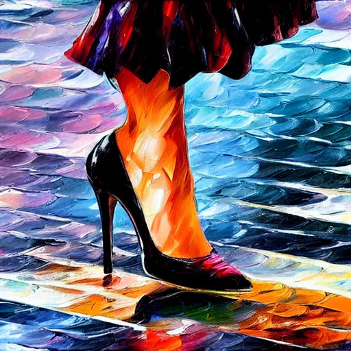 Image similar to close up of a womans high-heel shoe stepping into a shallow rain puddle on a busy crosswalk, by Leonid Afremov, matte painting, hyperrealism