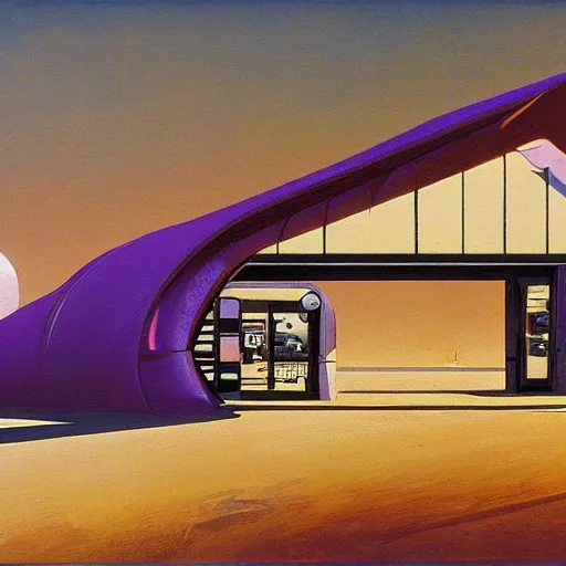 Prompt: painting of syd mead artlilery scifi organic shaped gas station with ornate metal work lands on a farm, fossil ornaments, volumetric lights, purple sun, beksinski