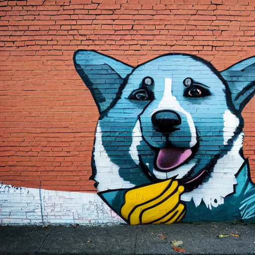 Image similar to brick wall with a mural of a corgi, street art, graffiti, urban landscape, award - winning photograph by david lynch