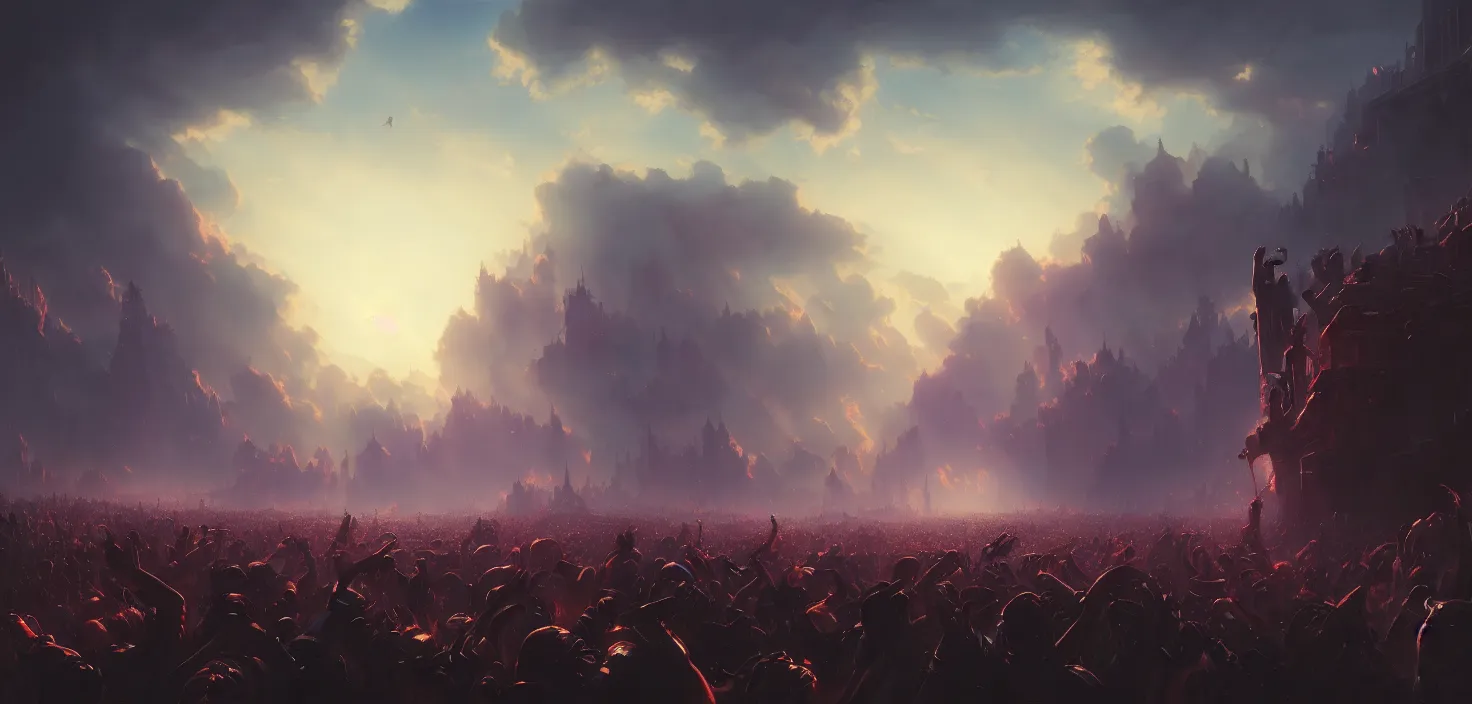 Image similar to painting of a crowd with raised arms pointing toward, cinematic view, epic sky, detailed, concept art, low angle, high detail, warm lighting, volumetric, godrays, vivid, beautiful, trending on artstation, by jordan grimmer, huge scene, art greg rutkowski