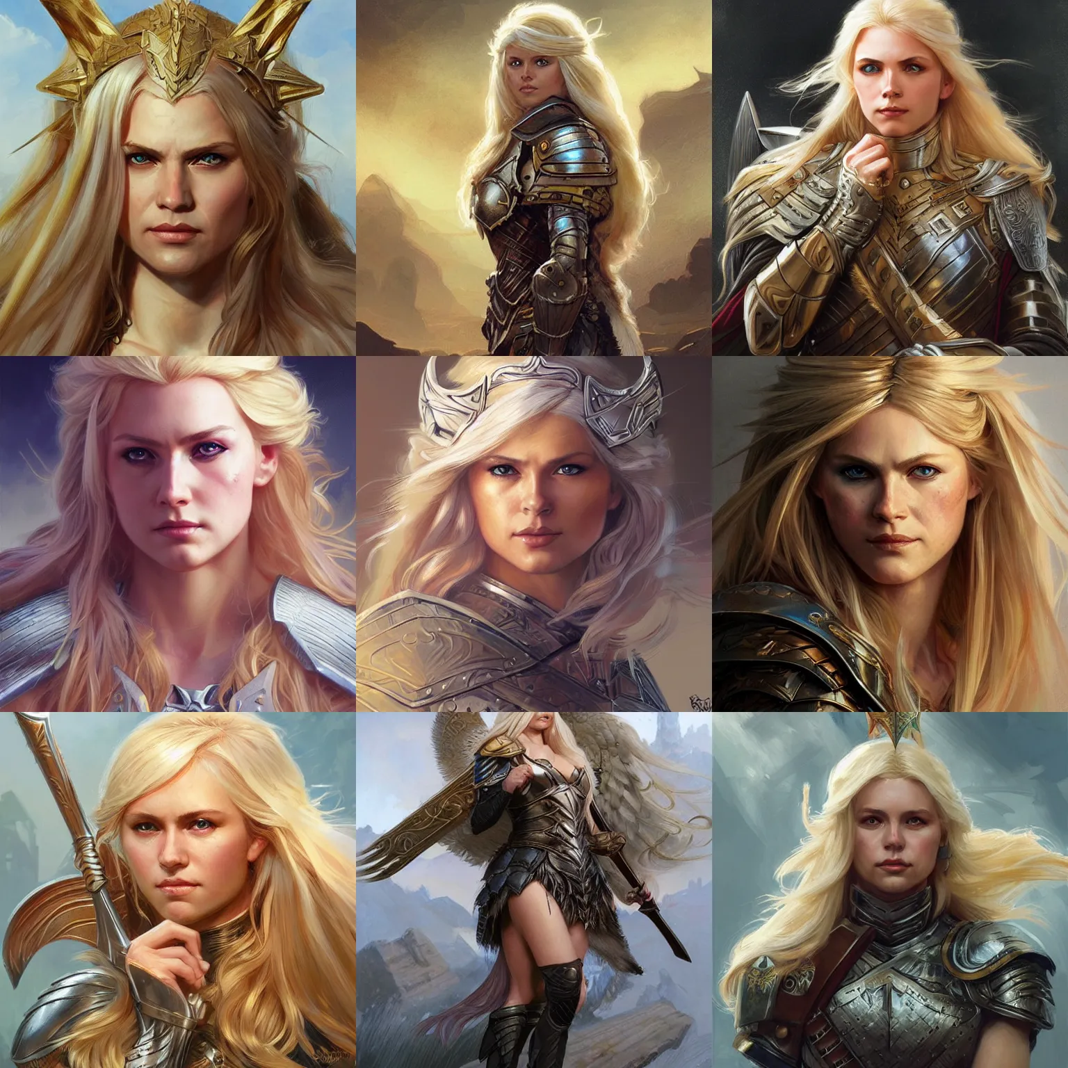 Prompt: blonde long-haired valkyrie, armored, fantasy, D&D, portrait, highly detailed, digital painting, artstation, concept art, sharp focus, illustration, art by artgerm and greg rutkowski and alphonse mucha