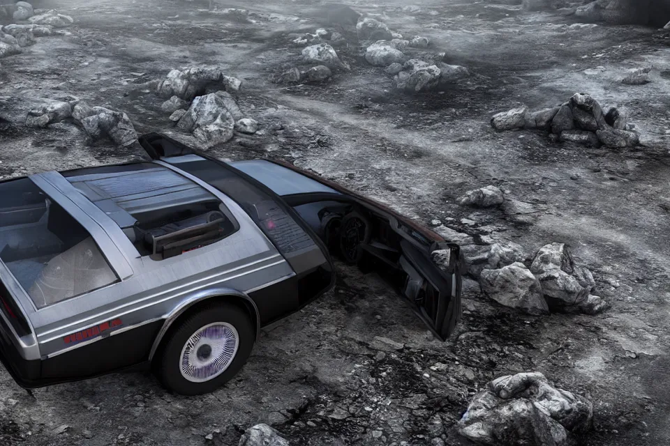 Prompt: ultra realistic delorean dmc 5 with pop - up headlights drifting on ancient highway wreckage in space, dark cinematic, volumetric, realistic, 3 d render, realistic render, cinematic lighting, volumetric lighting, atmospheric, cinematic, unreal engine 5, unreal engine render, octane render, hd, photorealism, hyper realistic, 8 k