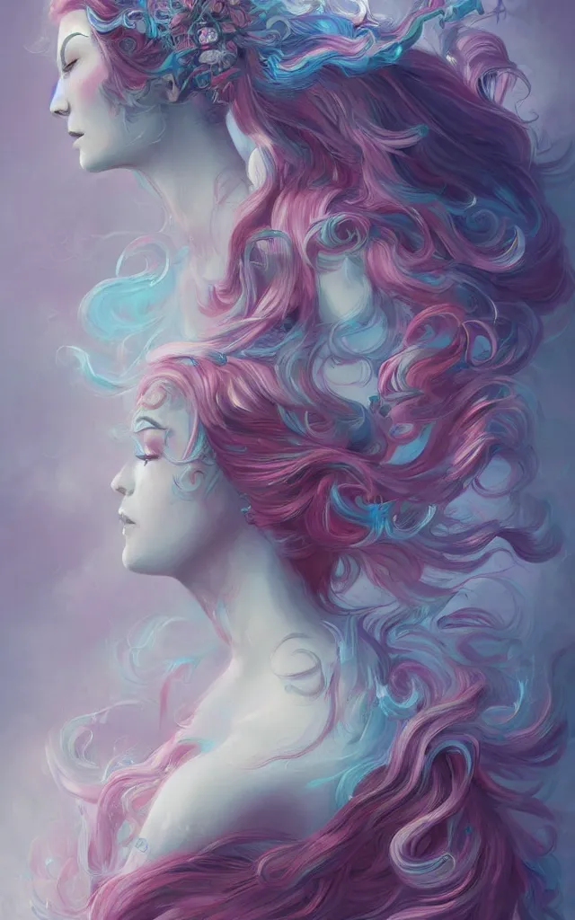 Prompt: a colorful and provenance illustrations painting of the fantasy female who with floral wing, highly detailed, her hair made of hair made of air wind and curling smoke, mist, dust, genie, spirit fantasy concept art, art by charlie bowater and ketner, jeremiah, trending on artstation.