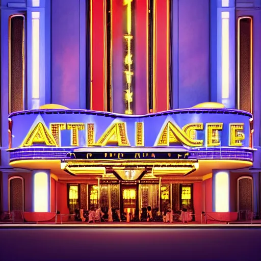 Prompt: incredible image of art deco palace movie theater from outside at night, luxury, hyper detail, hyper real,