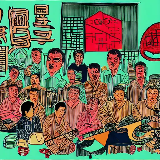 Image similar to uyghur Uighur men in a prison, heart kidney lungs, in the style of daniel johnston and outsider art, 4k, line brush, overlaid with chinese adverts and text