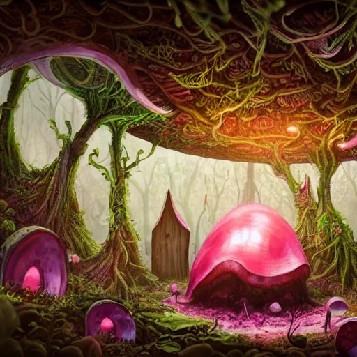 Prompt: concept art painting of a interior of a circular alien fairytale fantasy fungus house inside of a mushroom, with black vines, realistic, detailed, cel shaded, magenta and gray, dark, in the style of makoto shinkai and greg rutkowski and james gurney