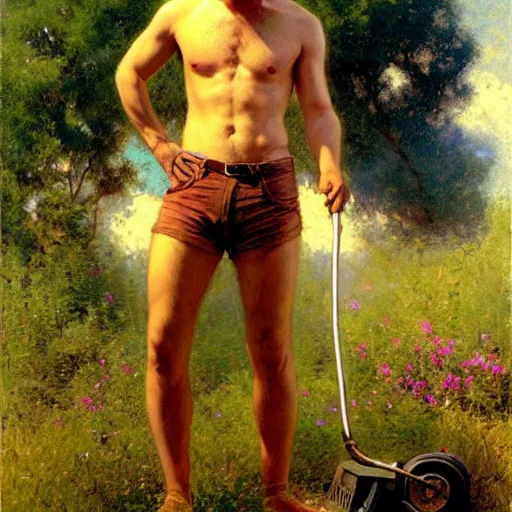 Image similar to ryan gosling mowing a lawn, sunlight glistens on his sweaty skin, painting by gaston bussiere, craig mullins, j. c. leyendecker, tom of finland