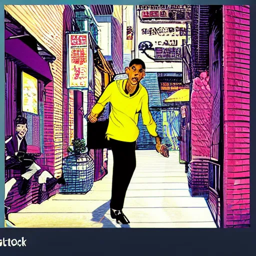 Image similar to glossy old advertising poster, young will smith walking through crowded bel air street, drawn comic by junji ito, pastels, gradient