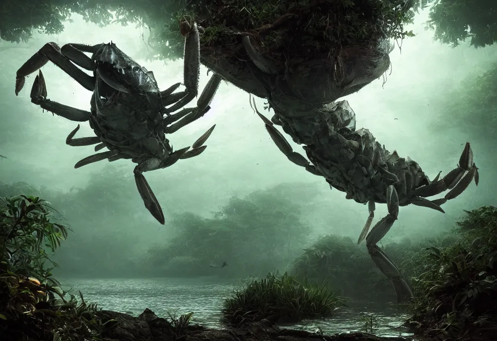 Image similar to an enormous giant crab king emerging from the waters, in a jungle with ominous light from above, ambient light, fog, river, very poetic