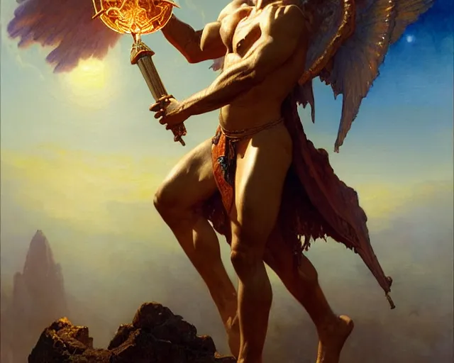 Image similar to monumental male deity, casting demonic magic, summoning handsome lucifer morning star. highly detailed painting by gaston bussiere, craig mullins, j. c. leyendecker 8 k