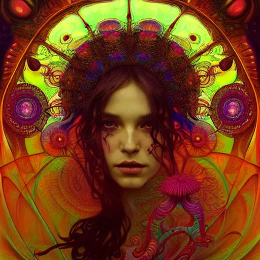 Image similar to An extremely psychedelic experience, reality bending, colorful, surreal, magic mushrooms, psilocybin, LSD, face, detailed, intricate, elegant, highly detailed, digital painting, artstation, concept art, smooth, sharp focus, illustration, art by Krenz Cushart and Artem Demura and alphonse mucha