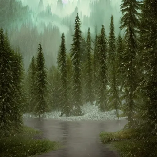 Prompt: rainy forest with tall snowy mountains in the background, hyper realistic, ultra detailed, trending on artstation