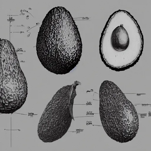 Image similar to anatomy of a avocado, da vinci notes, ultradetailed, anatomy study, artstation