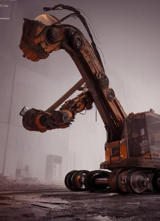 Image similar to a photorealistic dramatic hyperrealistic render of a futuristic exosuit power excavator heavy machinery, ultra realistic details, glossy yellow, well worn, rust, oil stains by vitaly bulgarov and mike nash, beautiful dramatic dark moody tones and lighting, cinematic atmosphere, studio lighting, global illumination, shadows, dark background, octane render, 8 k