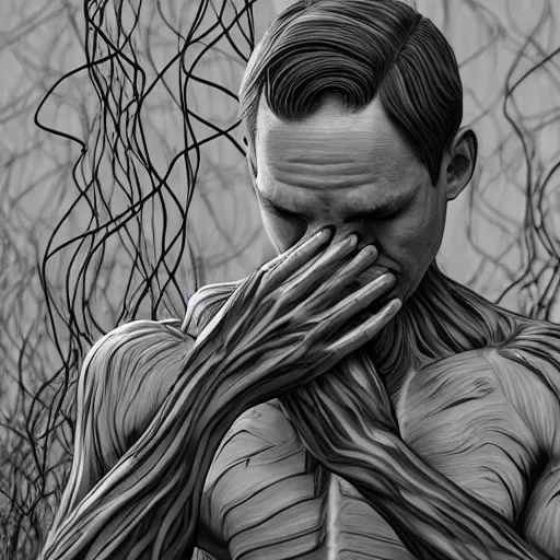 Prompt: monochrome faceless man praying with vines grow on his body, death, irregular, photorealistic, monochrome, hyper realism, unreal engine, trending in artstation