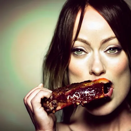 Prompt: photo portrait of Olivia Wilde eating BBQ Ribs, fine art photography light painting in style of Paolo Roversi, professional studio lighting, dark background, hyper realistic photography, fashion magazine style