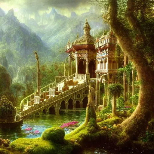 Image similar to a beautiful and highly detailed matte painting of an dwarf garden palace in a breath taking forest in a deep valley in the beautiful mountains of avalon, intricate details, epic scale, insanely complex, 8 k, sharp focus, hyperrealism, very realistic, by caspar friedrich, albert bierstadt, james gurney, brian froud,