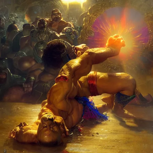 Image similar to the iron sheik breaking hulk hogan's back, radiant light, caustics, heroic, bright iridescent light, by gaston bussiere, bayard wu, greg rutkowski, maxim verehin, epic wrestling combat, legendary