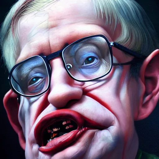 Prompt: UHD tonalism painting of closeup of Stephen Hawking wearing clown makeup, by Antonio Caparo and Ferdinand Knab and Greg Rutkowski, UHD, photorealistic, trending on artstation, trending on deviantart, correct face, correct clown makeup