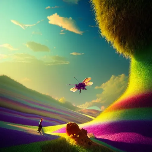 Image similar to nature scene. rainbow mountains. purple sky. fluffy clouds. big green fly. by Petros Afshar, by artgerm, by Eddie Mendoza, by Peter mohrbacher, octane render, 3d, unreal engine, depth of field, bokeh, motion blur, blur