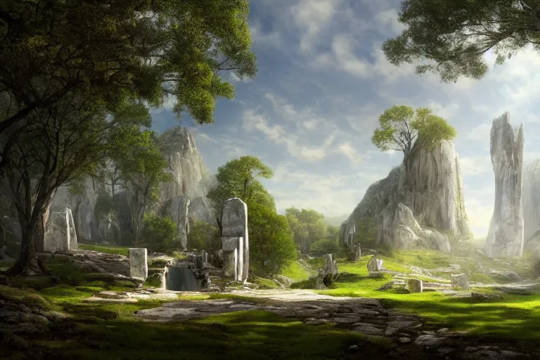 Prompt: White monoliths surging with magical runes at the bottom of green hills with white stone pathwalks surrounded by a moat, clear blue skies in the background, by Thomas Kincade, Richard Sigamani, 8k photorealistic, cinematic lighting, HD, high details, concept art, trending on artstation