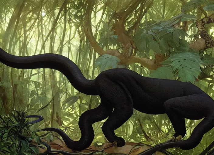 Image similar to animal concept of a black panther melanistic deep black leopard killing a snake, hunting an anaconda, on Singaporean forest tree, jungle, accurately portrayed, portrait art by alphonse mucha and greg rutkowski, highly detailed, digital painting, concept art, illustration, dim lighting with twilight rays of sunlight, trending on artstation, very detailed, smooth, sharp focus, octane render, close up