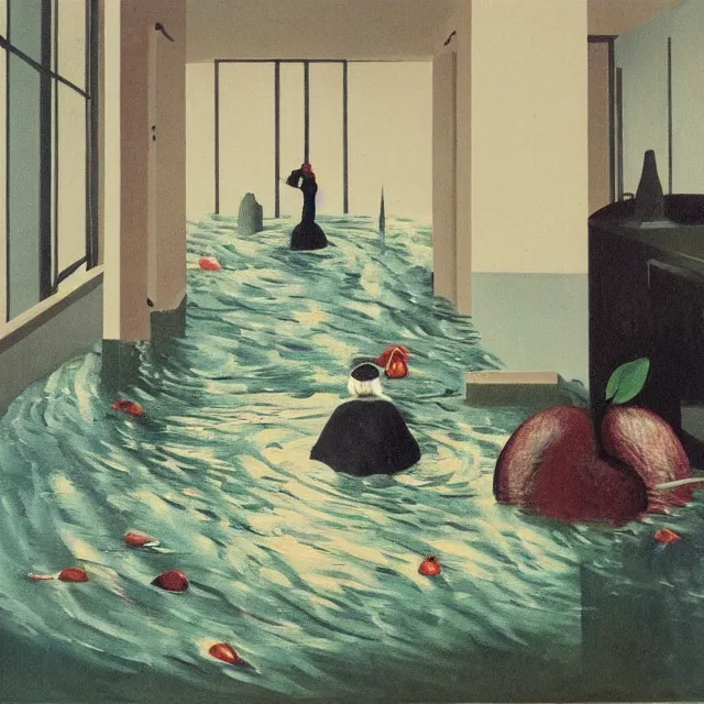 Image similar to painting of flood waters inside an apartment, tall female emo art student, a river flooding indoors, pomegranates, pigs, ikebana, water, river, rapids, waterfall, black swans, canoe, berries, acrylic on canvas, surrealist, by magritte and monet