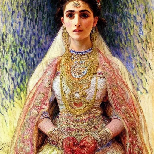 Image similar to full body portrait of a beautiful Kurdish bride wearing a beautiful wedding dress, very detailed eyes, hyperrealistic, beautiful and symmetrical face, very detailed painting by Claude Monet and Alphonse Mucha, trending on artstation, extremely high detail, incredibly intricate